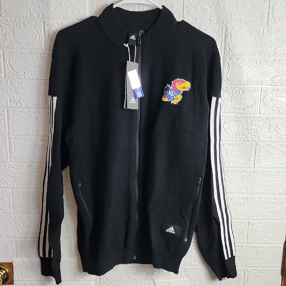 Adidas Black Jacket with Colorful Logo and White Stripes KU Jayhawks